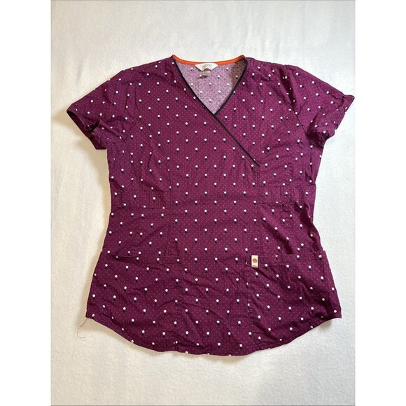 Womens Code Happy Scrub Top Ladies Size Medium Purple WPolka Dots 2 Pockets - Picture 1 of 9